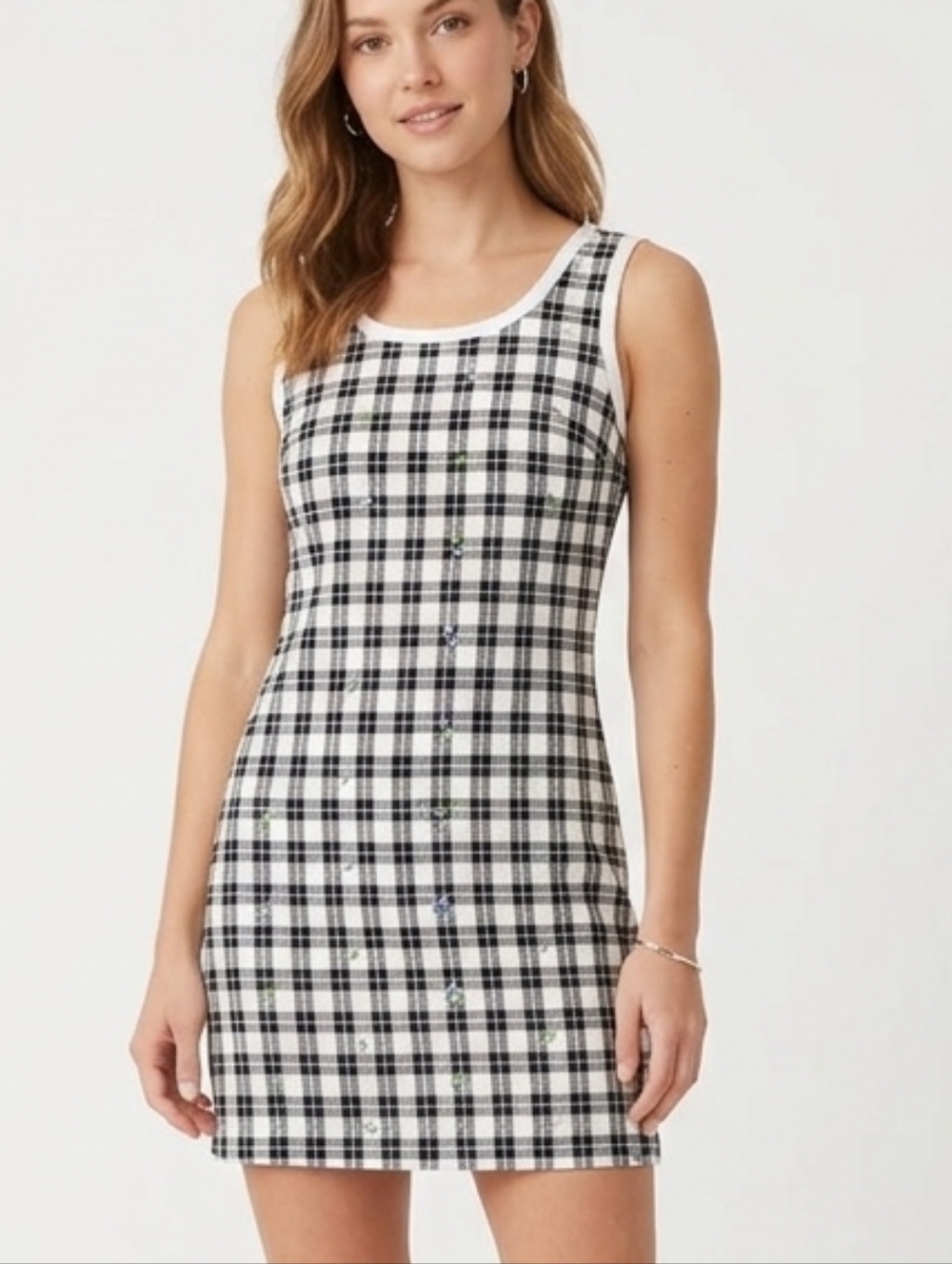 Vintage 90s Enchante Collection Black White Plaid Floral Embroidered Mini Dress